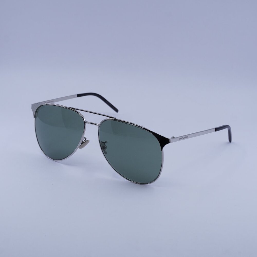 Saint Laurent SL279 004 Sunglasses Silver Aviator Frame, Green Lenses